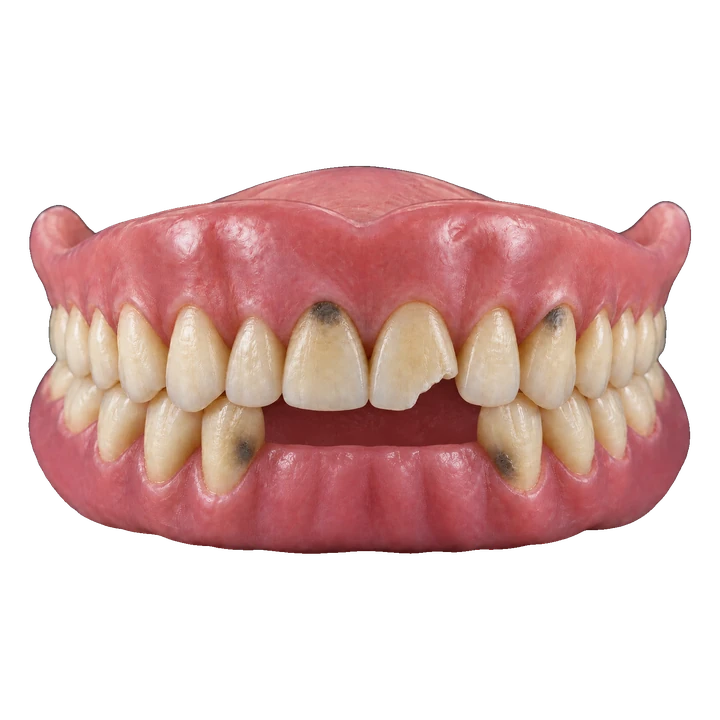 Dentadura com dentes quebrados, escurecidos e faltando
