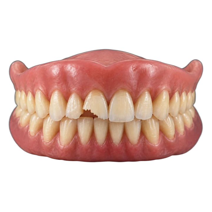 Dentadura com um dente da frente lascado